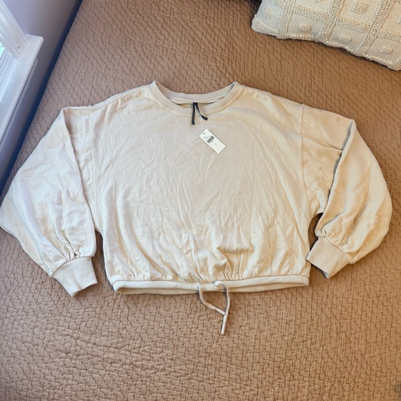 NWT Anthropologie Beige Long Sleeve Crop Pullover, Drawstring, Puff Sleeve, S - Picture 1 of 6